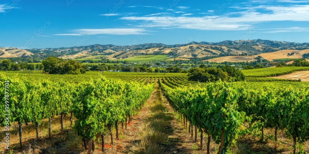 Naklejka premium The Lush Vineyard with Rolling Hills Under a Bright Blue Sky