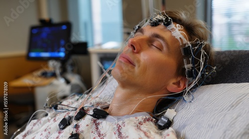 Medical research study on brain activity monitoring hospital scientific images clinical environment close-up view neurology concepts