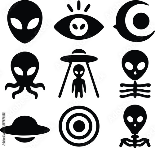 Bold Black Alien and UFO Icon Set: Mysterious, Sci-Fi Glyphs for Web Design