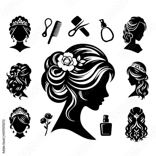 Silhouettes of women with various hairstyles and beauty tools in a black and white vector design