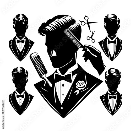 Elegant barber shop design featuring silhouettes of men in tuxedos and grooming tools in black and white