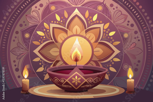 Diwali Festival of Lights Illustration with Cat Colorful Design for Celebrations