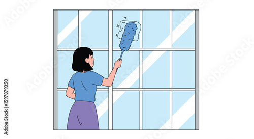 Person dusting large window panes with a fluffy duster showing a clean streak across the glass reflecting sunlight