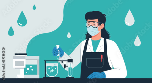 Scientist Character Performing Water Test Analyzing Ph Levels in Laboratory