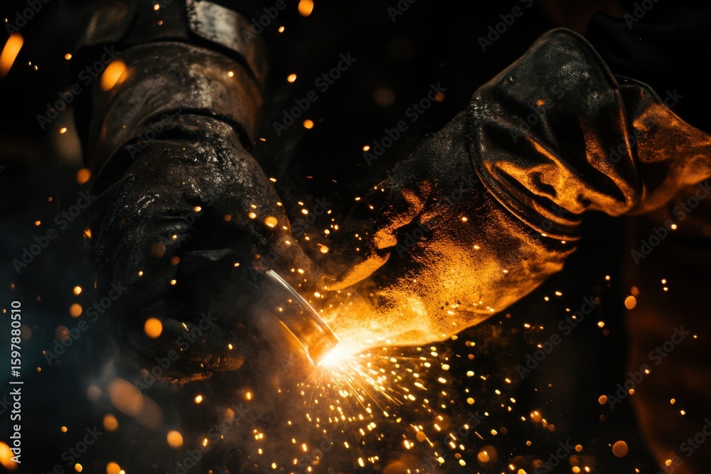 Skilled welder in protective gloves is performing welding work, creating bright sparks and glowing metal, showcasing craftsmanship in an industrial environment with dramatic lighting effects