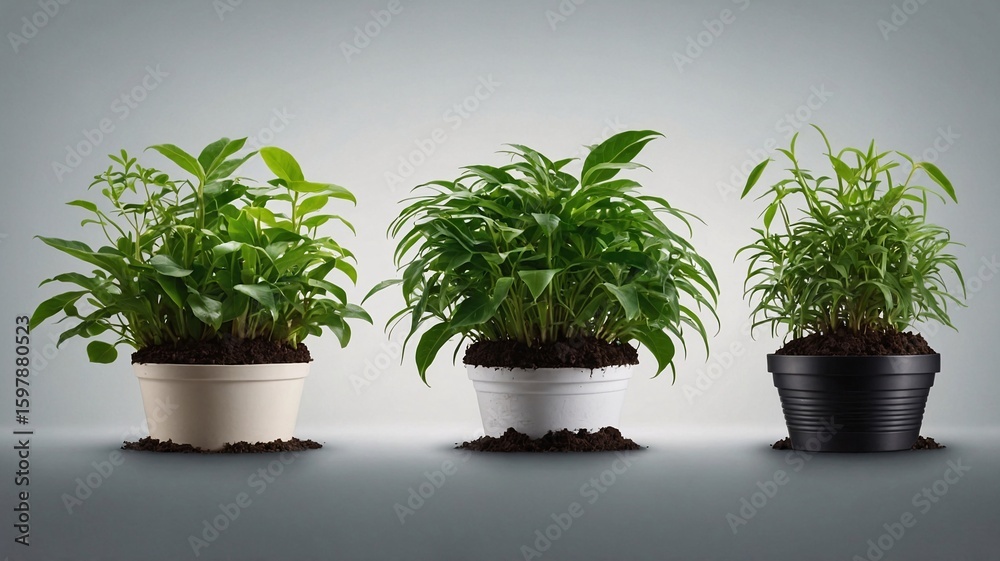 Fototapeta premium Three stylish potted plants in white, black, and neutral tones, showcasing vibrant green foliage and rich soil.