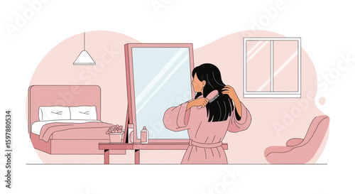 Morning Routine Woman Brushing Hair At Home In A Minimalist Bedroom Setting