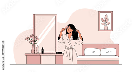 Morning Routine Woman Brushing Hair In Bedroom Near Bed Dressing Table