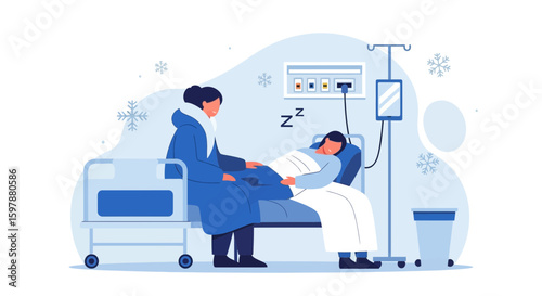 Wintertime Hospital Visit Illustration Showing Care And Concern For Loved Ones Health