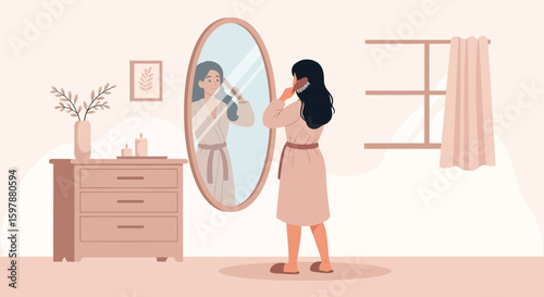 Morning Routine: Woman Combing Hair In Bathroom With Minimalist Decoration