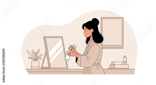 Woman Applying Lotion In Bathroom Daily Wellness Practice With Mirror