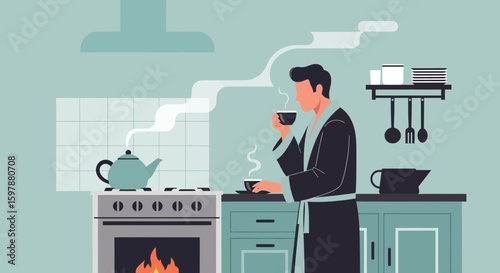 Morning Serenity Man In Robe Enjoying Coffee Moment In Cozy Kitchen Interior