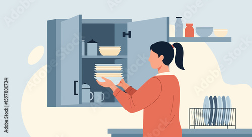 Woman Arranging Clean Dishes In Kitchen Cabinet And Maintain Orderly Organized Home