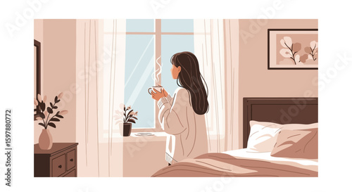 Morning Serenity Woman Enjoying Coffee By Window In Cozy Bedroom