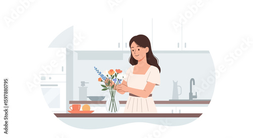 Woman Arranging Colorful Flowers in a Vase in Modern Kitchen