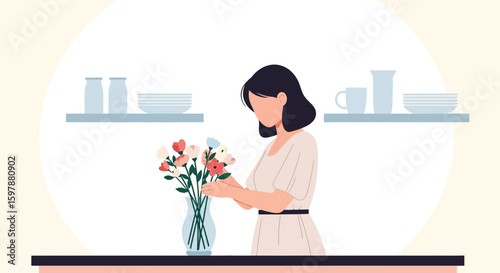 Woman Arranging Flowers In A Vase At Home And Enjoying The Moment