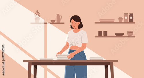 Woman Arranging Plates In Kitchen Interior With Modern Minimalist Design