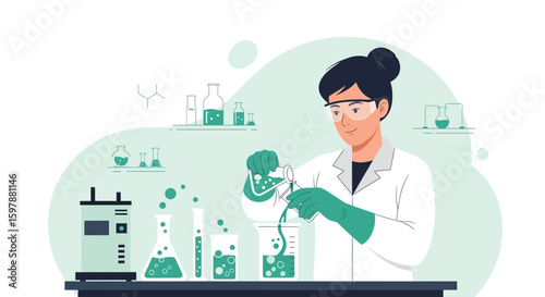 Scientist Conducts Experiment in Lab with Safety Glasses And Green Gloves