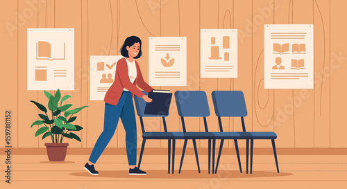 Woman Arriving For Job Interview In Waiting Room With Minimalist Style Posters