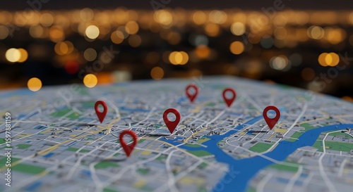 A map with multiple location pins indicating destinations in the city