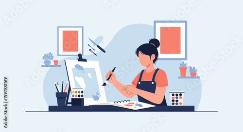 Woman Artist Painting On Canvas At Home Studio And Hobby Time