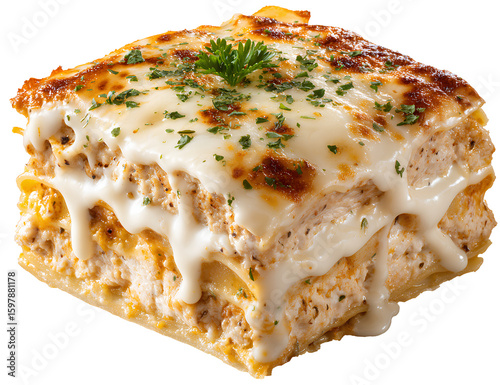 Homemade chicken lasagna with creamy sauce isolated transparent background