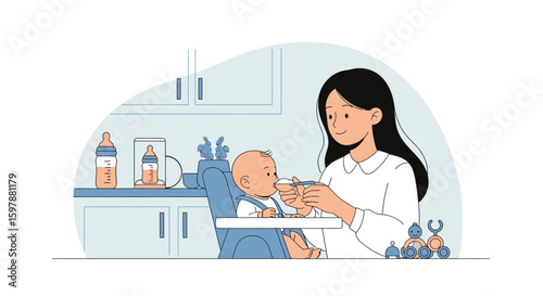 Mother Feeding Baby Illustration In Kitchen Scene Modern Line Art Style Concept