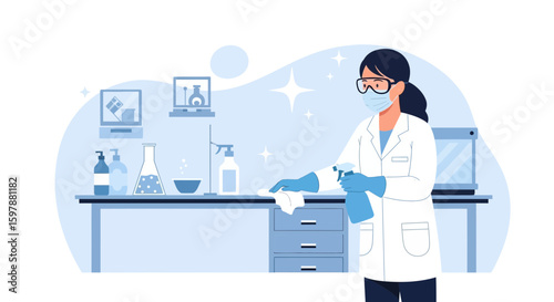 Scientist Disinfecting Lab Surface With Spray Bottle And Cloth Amidst Workplace