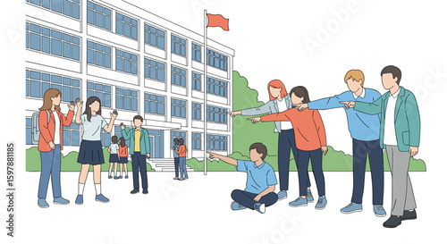 Young students experiencing social exclusion and peer bullying outside school buildings during daytime