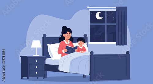 Mother Reads Bedtime Story To Her Son In Nighttime Scene Illustration