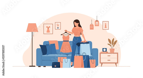 Woman At Home Deciding What To Wear After Shopping Spree