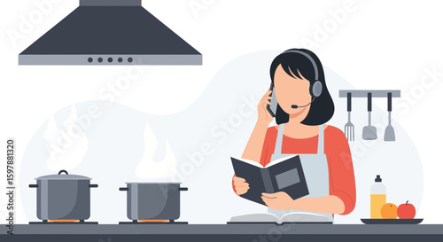 Multitasking Mom Cooks While on Call Reading Recipe Book in Kitchen Scene