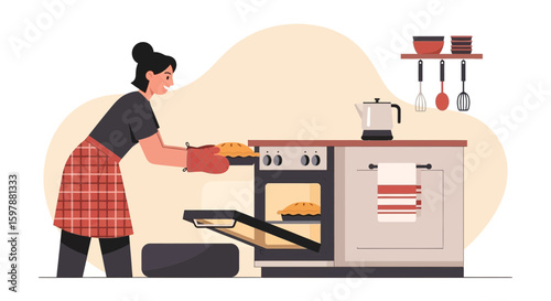 Woman Baking A Delicious Pie In Oven At Home Kitchen Scene