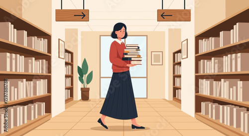 Woman Carries A Stack Of Books In An Elegant Library Interior