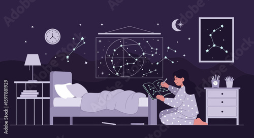 Nighttime Dreamer Studying Constellations In Her Bedroom Under Moonlight And Stars