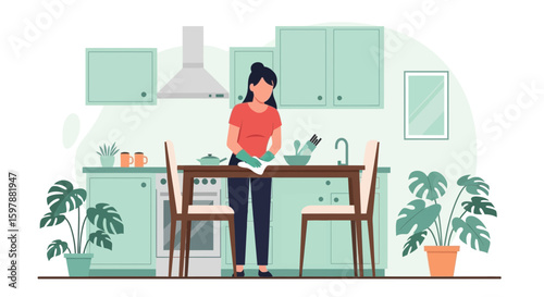 Woman Cleaning A Table At Home In A Modern Minimalist Kitchen Vector