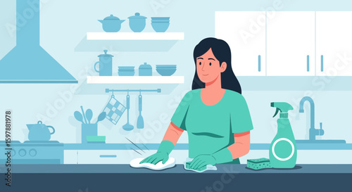 Woman Cleaning Her Kitchen Countertop Surface with a Sponge and Spray Bottle