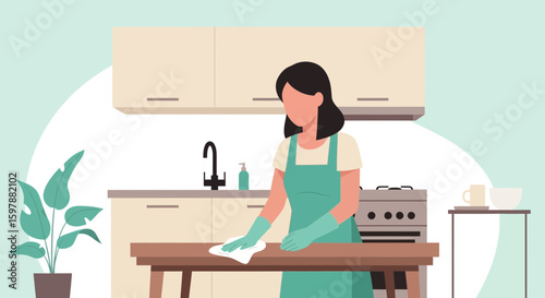 Woman Cleaning Table With Cloth In A Modern Kitchen Vector Illustration