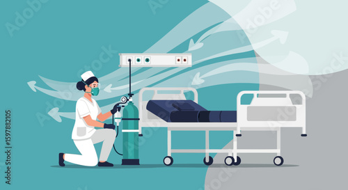 Nurse Adjusting Oxygen Tank In Hospital Room Promoting Air Circulation