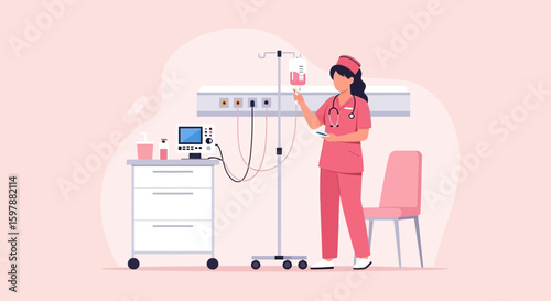 Nurse Administering Iv Drip In Hospital Setting Illustration For Healthcare Concept