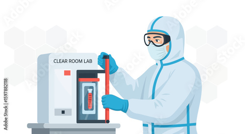 Scientist In Protective Suit Analyzing Samples Inside A Clean Room Lab