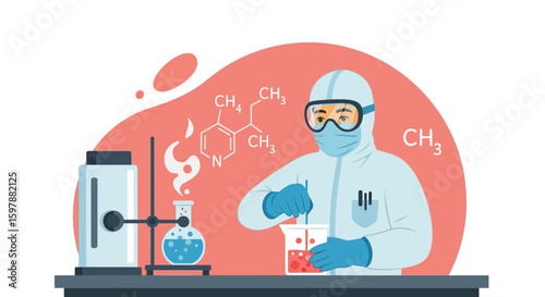 Scientist In Protective Suit Conducting Experiment At Laboratory Researching Chemistry