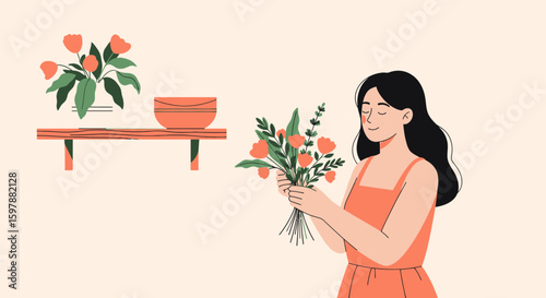 Woman Composing Floral Arrangement At Home Serene Moment of Connection