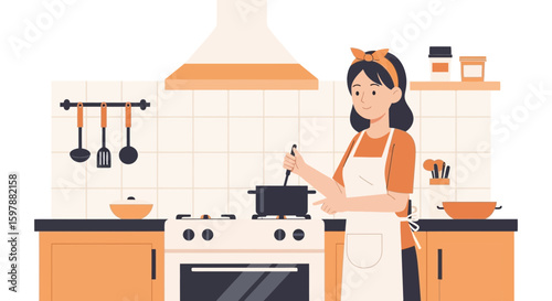 Woman Cooking A Meal In Kitchen With Appliances And Utensils Interior Design