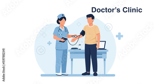 Nurse Checking Patient Blood Pressure In Clinic Examination Vector Illustration