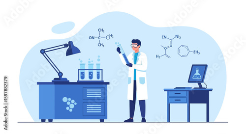 Scientist Inspecting Sample Inside Laboratory With Equipment And Chemical Formulas