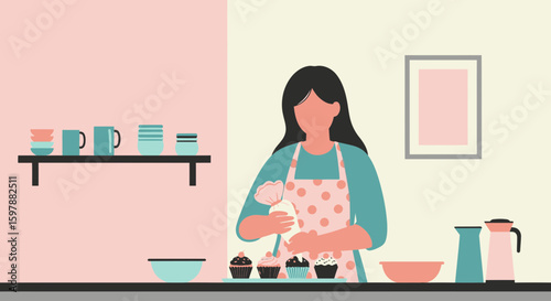 Woman Decorating Cupcakes With Cream In The Kitchen Illustration Design