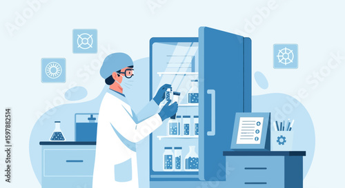 Scientist Inspecting Vials Stored in Refrigerated Lab Preserving Biomedical Samples