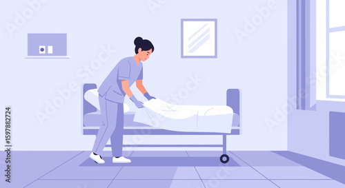 Nurse Making Bed In Hospital Room Preparing Patient For Admission Concept