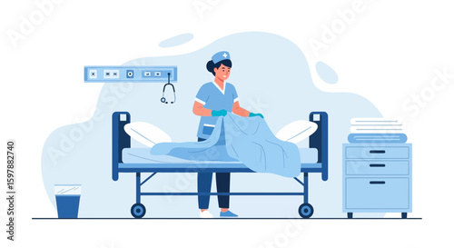 Nurse Making Hospital Bed Preparing Patient Room In Healthcare Setting